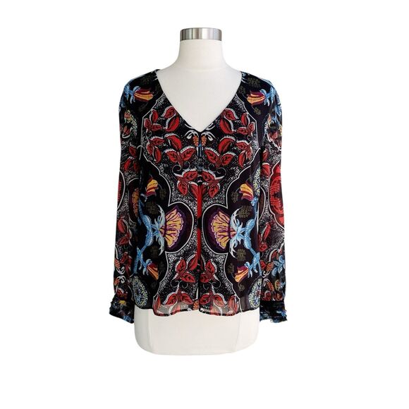 Alice + Olivia XS Blouse Deandra Floral Paisley Baroque Mix Print Colorful Boho - Picture 1 of 10